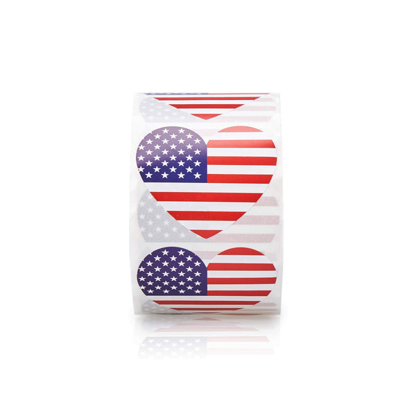 American Flag Stickers, 500-Count USA Flag Stickers, Patriotic Label Roll, Heart Shaped, 1.25 x 2.125 Inches