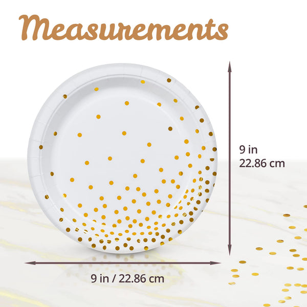 MATICAN Party Paper Plates, 100-Pack Disposable White and Gold Plates, Foil Polka Dots, 9-Inch