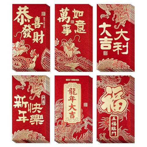 Chinese New Year Red Envelopes, 30-Count Chinese Red Packets, Hong Bao with 6 Rabbit Designs, Gift Money Envelopes, 2023 Year of the Rabbit