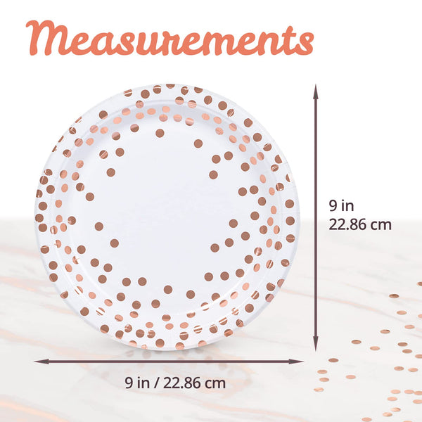 MATICAN Party Paper Plates, 100-Pack Disposable White and Rose Gold Plates, Foil Polka Dots, 9-Inch