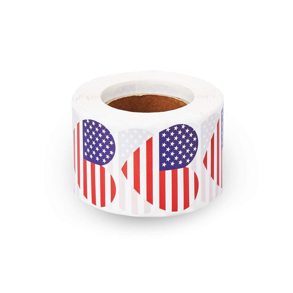 American Flag Stickers, 500-Count USA Flag Stickers, Patriotic Label Roll, Heart Shaped, 1.25 x 2.125 Inches