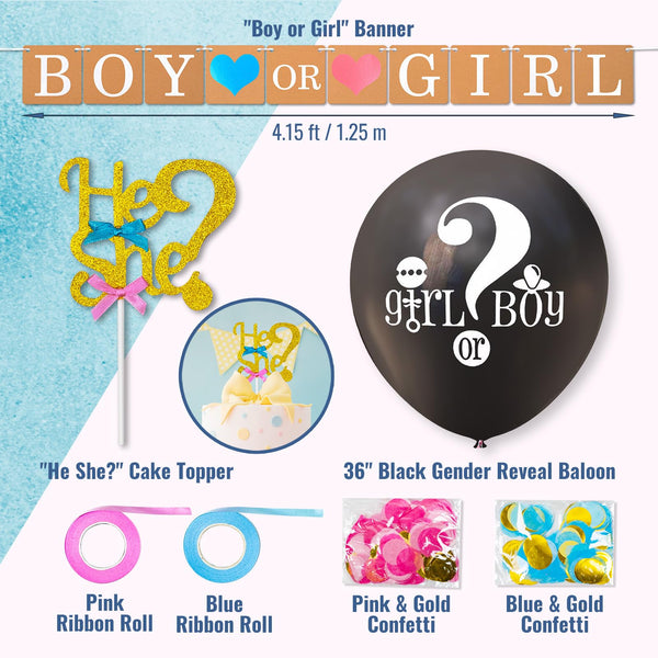 Gender Reveal Decorations, 168-Piece, Boy or Girl Gender Reveal Party Supplies, Includes Balloons, Banner, Photobooth Props, Confetti