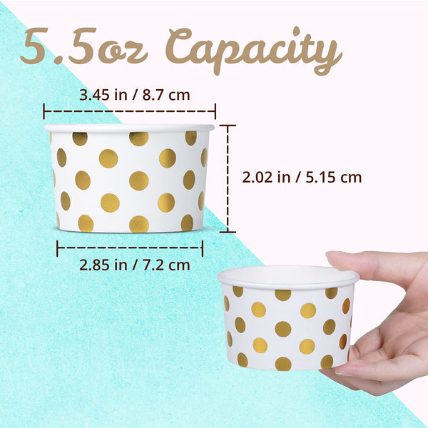 Paper Ice Cream Cups - 50-Count 5.5-Oz Disposable Dessert Bowls for Hot or Cold Food, 5.5-Ounce Party Supplies Treat Cups for Sundae, Frozen Yogurt, Soup, Gold Foil Polka Dots