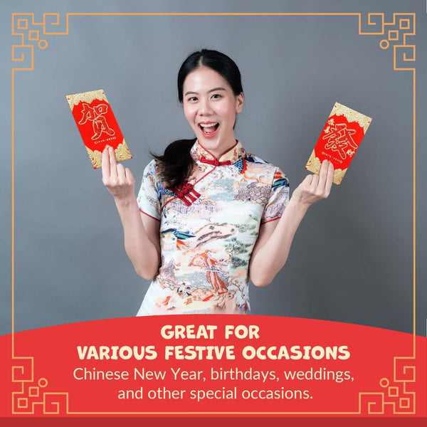Chinese New Year Red Envelopes - 100-Count Chinese Red Packets, Hong Bao with Gold and Red Foil Design, Gift Money Envelopes, 4 Designs