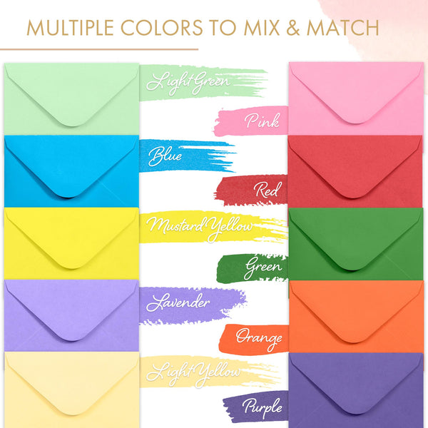 Gift Card Envelopes - Gummed 100-Count Mini Envelopes, Paper Business Card Envelopes, Bulk Tiny Envelope Pockets for Small Note Cards, 10 Colors, 4 x 2.7 Inches