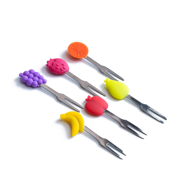 Cocktail Forks, 6-Piece Appetizer Forks, Fruit Shapes, Stainless Steel and Silicone Small Forks for Fruits, Cheese, Appetizers