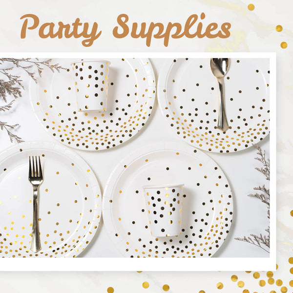 MATICAN Party Paper Plates, 100-Pack Disposable White and Gold Plates, Foil Polka Dots, 9-Inch