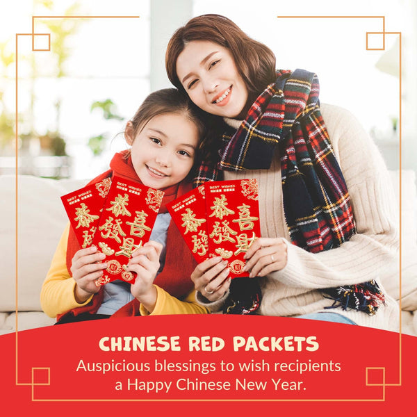 Chinese New Year Red Envelopes - 25-Count Chinese Red Packets, Hong Bao with Gold Foil Design, Gift Money Envelopes, Gong Xi FA CAI, 3.5 x 6.4 Inches