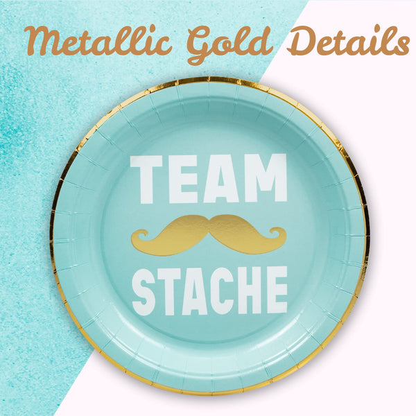 Confettiville Gender Reveal Plates, 50-Pack, Team Stache, Team Lash Disposable Party Paper Plates, 25 of Each, Blue and Pink, Metallic Gold Details, Party Supplies
