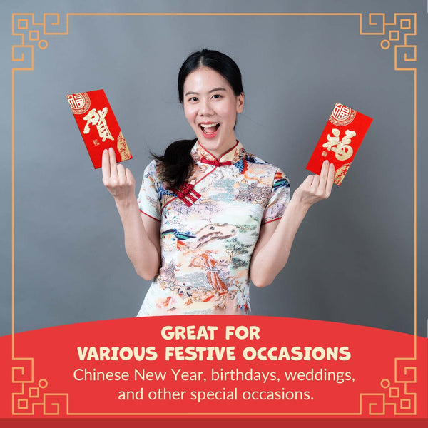 Chinese New Year Red Envelopes - 100-Count Chinese Red Packets, Hong Bao with Gold Foil Design, Gift Money Envelopes, Fu, He, 2 Designs