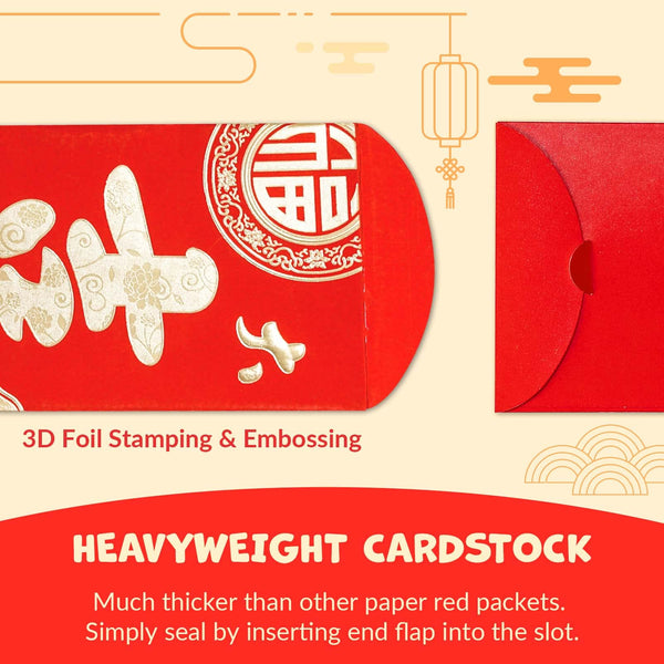 Chinese New Year Red Envelopes - 100-Count Chinese Red Packets, Hong Bao with Gold Foil Design, Gift Money Envelopes, Da Ji Da Li