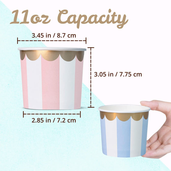 Confettiville Paper Ice Cream Cups, 50-Count 11-Oz Disposable Dessert Bowls for Hot or Cold Food, 11-Ounce Party Supplies Treat Cups, 5 Colors Pastel Stripes with Scalloped Gold Foil
