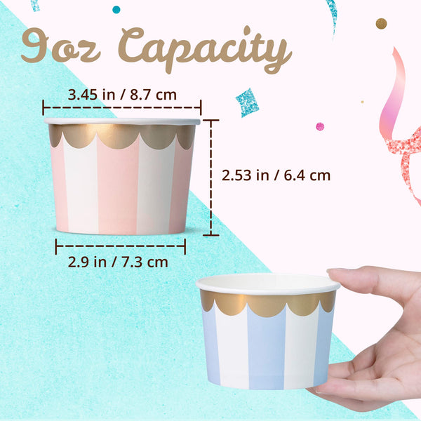 Paper Ice Cream Cups - 100-Count 9-Oz Disposable Dessert Bowls for Hot or Cold Food, 9-Ounce Party Supplies Treat Cups for Sundae, Frozen Yogurt, Soup, 5 Colors Pastel Stripes with Scalloped Gold Foil