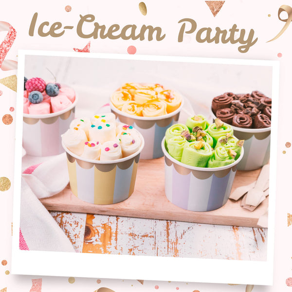 Paper Ice Cream Cups - 100-Count 9-Oz Disposable Dessert Bowls for Hot or Cold Food, 9-Ounce Party Supplies Treat Cups for Sundae, Frozen Yogurt, Soup, 5 Colors Pastel Stripes with Scalloped Gold Foil