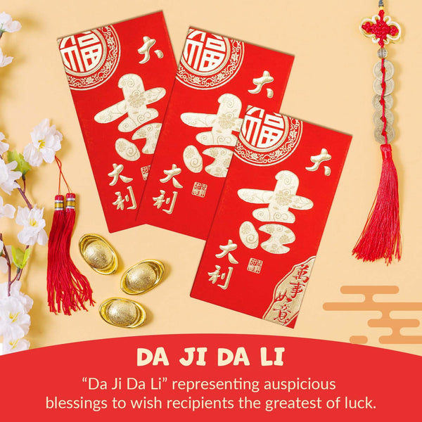 Chinese New Year Red Envelopes - 100-Count Chinese Red Packets, Hong Bao with Gold Foil Design, Gift Money Envelopes, Da Ji Da Li