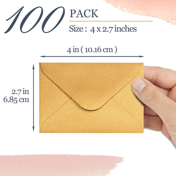 Gift Card Envelopes - 100-Count Mini Envelopes, Paper Business Card Envelopes, Bulk Tiny Envelope Pockets for Small Note Cards, Gold, 4 x 2.7 Inches