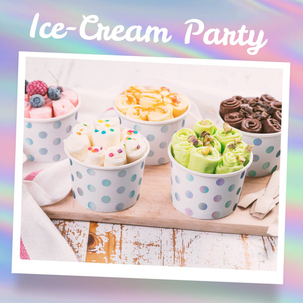 MATICAN Paper Ice Cream Cups - 50-Count 9-Oz Disposable Dessert Bowls for Hot or Cold Food, 9-Ounce Party Supplies Treat Cups for Sundae, Frozen Yogurt, Soup, Silver Foil Polka Dots