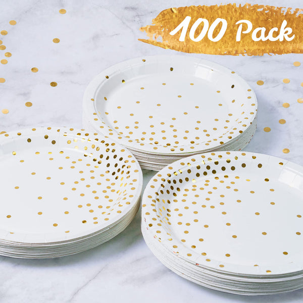 MATICAN Party Paper Plates, 100-Pack Disposable White and Gold Plates, Foil Polka Dots, 9-Inch