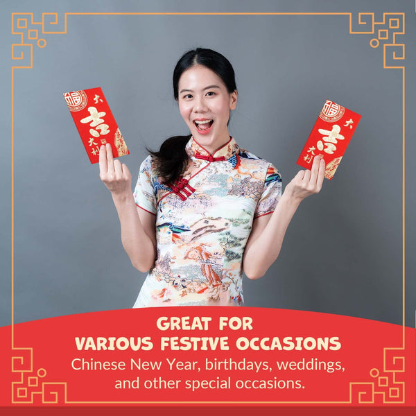 Chinese New Year Red Envelopes - 100-Count Chinese Red Packets, Hong Bao with Gold Foil Design, Gift Money Envelopes, Da Ji Da Li