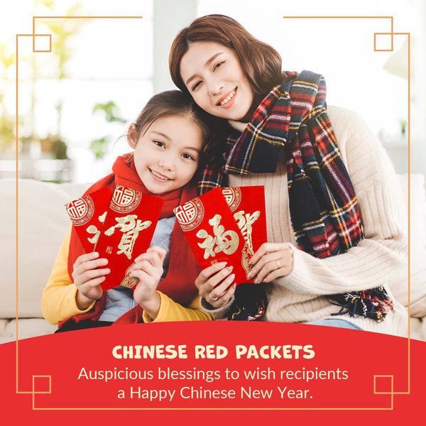 Chinese New Year Red Envelopes - 100-Count Chinese Red Packets, Hong Bao with Gold Foil Design, Gift Money Envelopes, Fu, He, 2 Designs