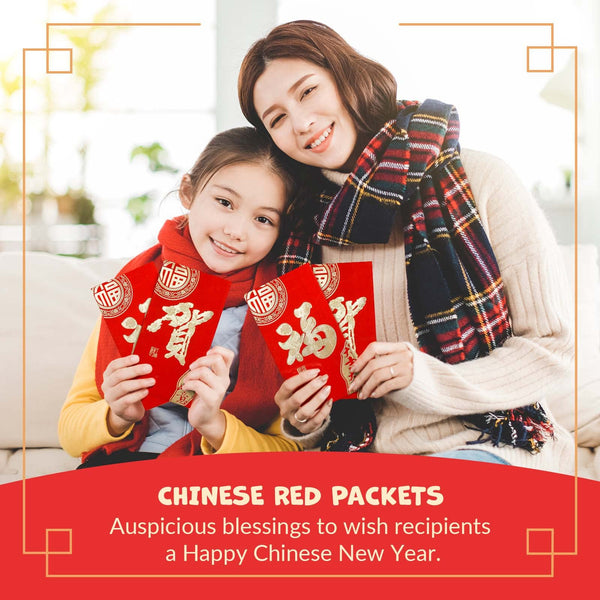 Chinese New Year Red Envelopes - 24-Count Chinese Red Packets, Hong Bao with Gold Foil Design, Gift Money Envelopes, Fu, He, 2 Designs