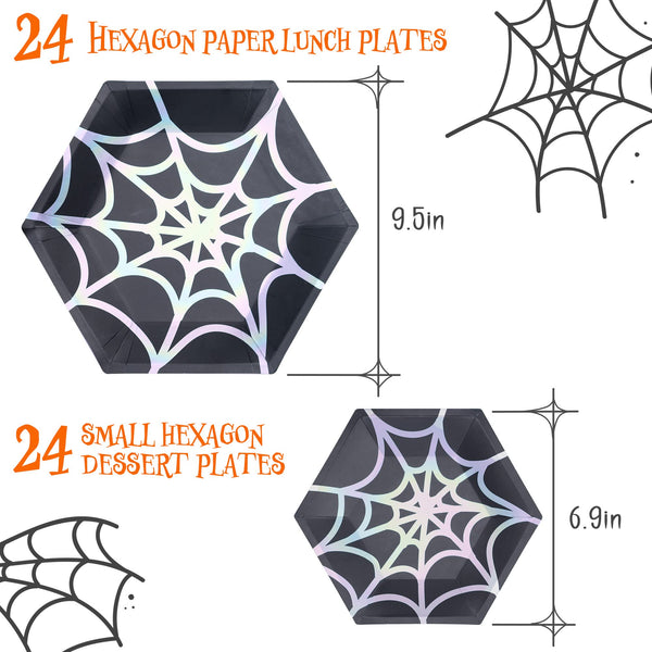 MATICAN Halloween Plates and Napkins Set, 122-Piece, Serves 24, Halloween Paper Plates, Napkins, and Cups, Spider Web Party Supplies