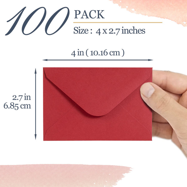 Gift Card Envelopes - 100-Count Mini Envelopes, Red Paper Business Card Envelopes, Bulk Tiny Envelope Pockets for Small Note Cards, Red 4 x 2.7 Inches