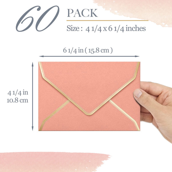 Invitation Envelopes, 60-Pack 4x6 Envelopes for Invitations, Gold Foil Bordered Colored Envelopes, A4, 4 1/4 x 6 1/4 Inches, 6 Pastel Colors