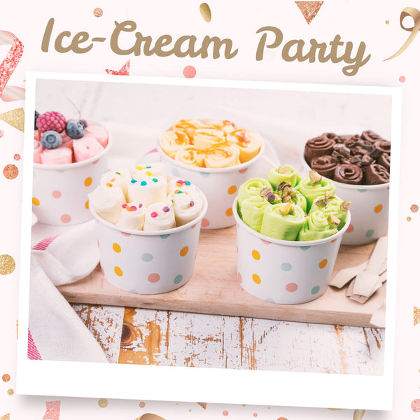 MATICAN Paper Ice Cream Cups - 50-Count 9-Oz Disposable Dessert Bowls for Hot or Cold Food, 9-Ounce Party Supplies Treat Cups for Sundae, Frozen Yogurt, Soup, Pastel Polka Dots