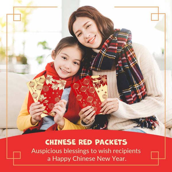 Chinese New Year Red Envelopes - 36-Count Chinese Red Packets, Hong Bao with Gold Foil Design, Gift Money Envelopes, Flowers and Lanterns
