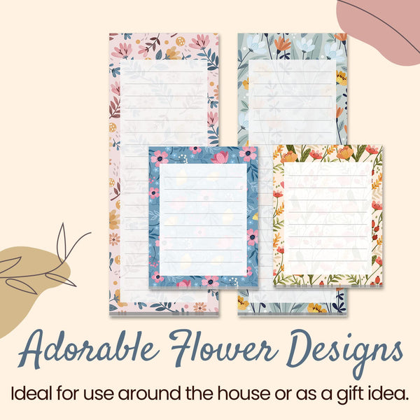 Magnetic Notepads for Refrigerator, 4-Pack Grocery List Magnet Pad for Fridge, to-Do List, Reminders, Scratch Pads, Floral Designs, 60 Sheets Per Pad