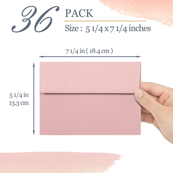5x7 Envelopes for Invitations, 36-Pack A7 Envelopes for 5x7 Cards, Colored Invitation Envelopes, 6 Muted Pastel Colors, 5 1/4 x 7 1/4 Inches