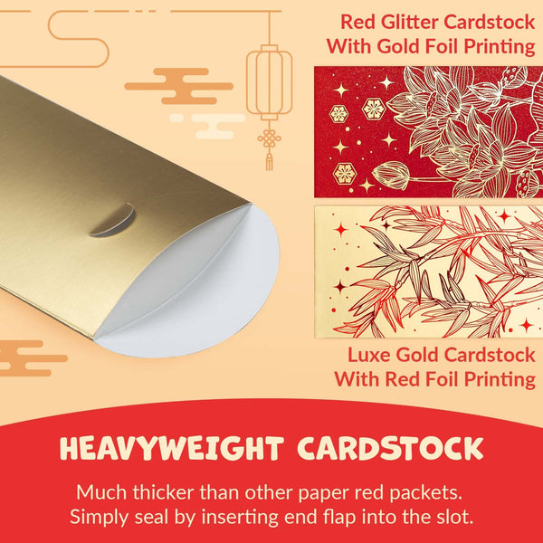 Chinese New Year Red Envelopes - 36-Count Chinese Red Packets, Hong Bao with Gold Foil Design, Gift Money Envelopes, Flowers and Bamboos