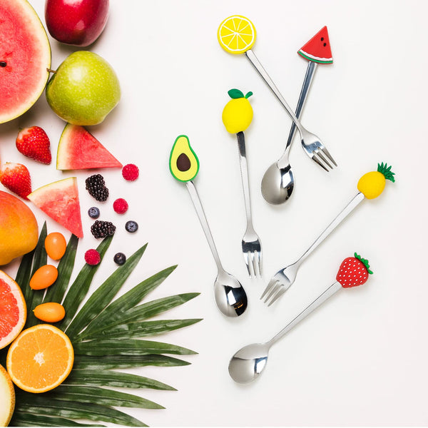 Appetizer Spoons and Forks, 6-Piece Cocktail Spoons and Forks, Fruit Shapes, Stainless Steel and Silicone Small Spoons and Forks for Fruits, Cheese, Appetizers
