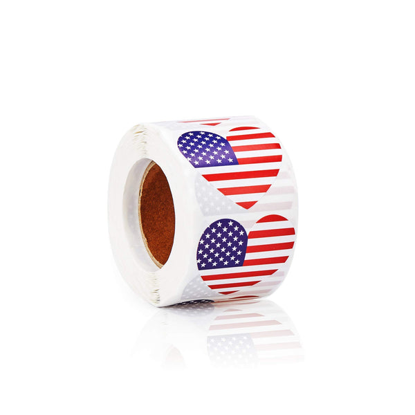 American Flag Stickers, 500-Count USA Flag Stickers, Patriotic Label Roll, Heart Shaped, 1.25 x 2.125 Inches