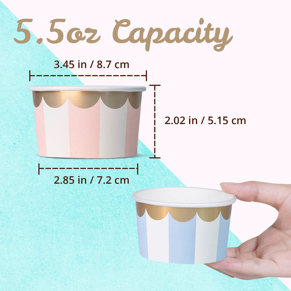 Confettiville Paper Ice Cream Cups, 50-Count 5.5-Oz Disposable Dessert Bowls for Hot or Cold Food, 5.5-Ounce Party Supplies Treat Cups, 5 Colors Pastel Stripes with Scalloped Gold Foil
