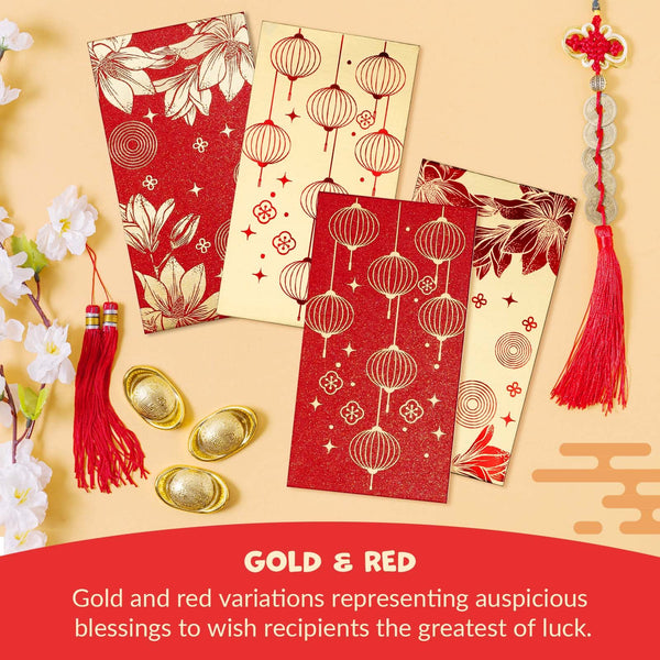 Chinese New Year Red Envelopes - 36-Count Chinese Red Packets, Hong Bao with Gold Foil Design, Gift Money Envelopes, Flowers and Lanterns