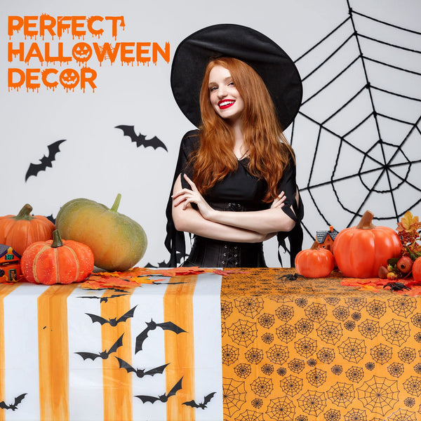 MATICAN Halloween Tablecloth, 2-Pack Disposable Halloween Table Cloths, Bats and Spider Web Plastic Table Covers, 54 x 108 Inches, Halloween Party Decorations