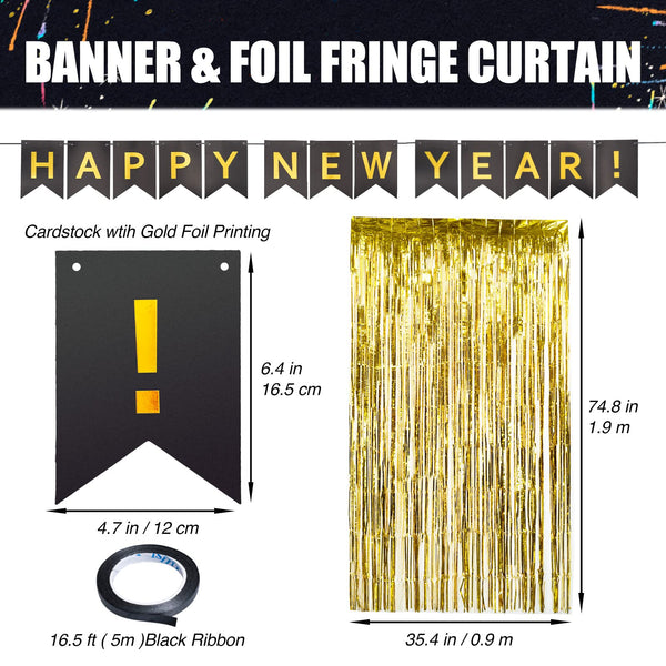 Happy New Year Decorations 2023, 127-Piece New Years Eve Party Supplies, NYE Decorations with Balloons, Banners, Photo Booth Props and Tinsel Backdrop Door Curtains