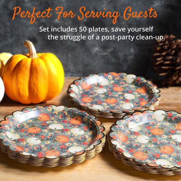 Confettiville Thanksgiving Paper Plates, 50-Count Fall-Themed Decorative Disposable Serving Plates, Teal, Gold Foil Scalloped Edge, 9 Inches