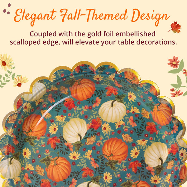 Confettiville Thanksgiving Paper Plates, 50-Count Fall-Themed Decorative Disposable Serving Plates, Teal, Gold Foil Scalloped Edge, 9 Inches