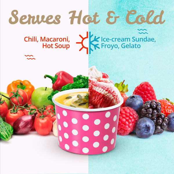 MATICAN Paper Ice Cream Cups - 50-Count 4-Oz Disposable Dessert Bowls for Hot or Cold Food, 4-Ounce Party Supplies Treat Cups for Sundae, Frozen Yogurt, Soup, 5 Colors, Polka Dots