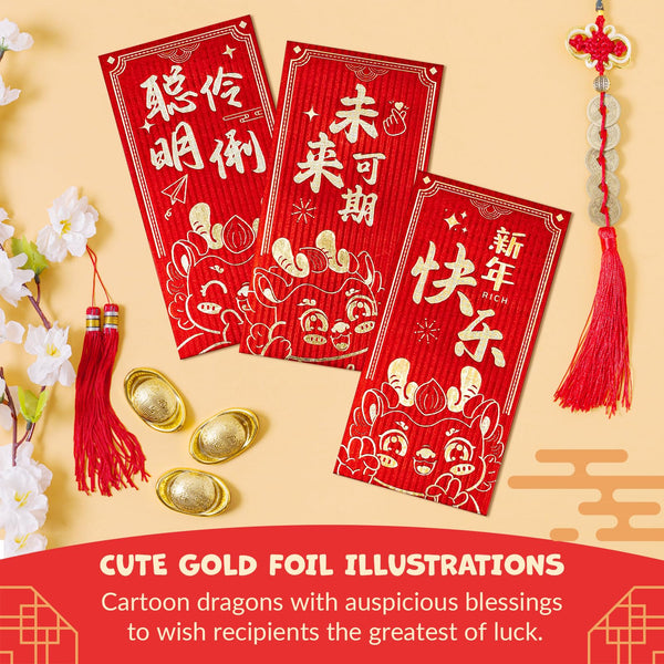 Chinese New Year Red Envelopes, 24-Count Chinese Red Packets, Hong Bao with 6 Dragon Designs, Gift Money Envelopes, 2024 Year of the Dragon