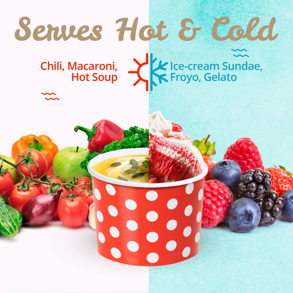 MATICAN Paper Ice Cream Cups - 100-Count 9-Oz Disposable Dessert Bowls for Hot or Cold Food, 9-Ounce Party Supplies Treat Cups for Sundae, Frozen Yogurt, Soup, 5 Colors, Polka Dots