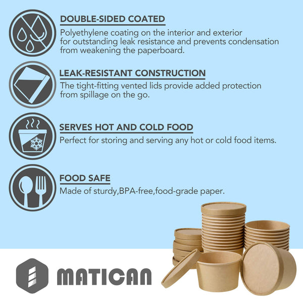 MATICAN Paper Ice Cream Cups with Lids, 25-Pack 16-Oz Pint Soup Cups with Lids, Disposable Pint Ice Cream Containers, 16-Ounce, Kraft Brown