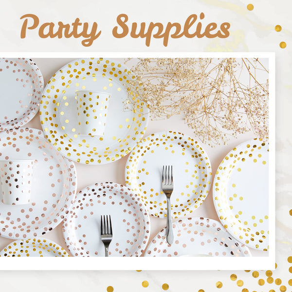 MATICAN Party Paper Plates, 50-Pack Disposable White and Gold Plates, Foil Polka Dots, 9-Inch