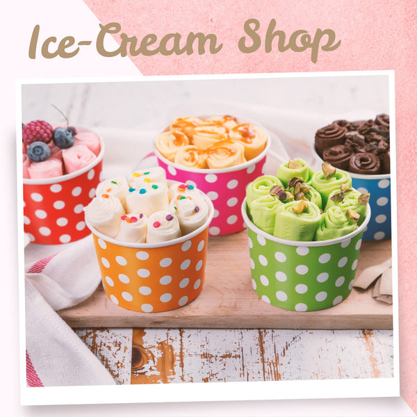 MATICAN Paper Ice Cream Cups - 100-Count 9-Oz Disposable Dessert Bowls for Hot or Cold Food, 9-Ounce Party Supplies Treat Cups for Sundae, Frozen Yogurt, Soup, 5 Colors, Polka Dots