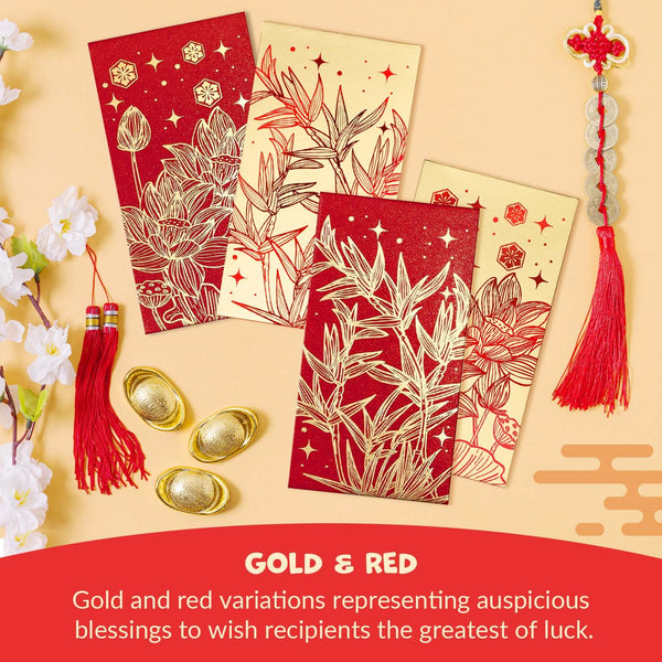 Chinese New Year Red Envelopes - 36-Count Chinese Red Packets, Hong Bao with Gold Foil Design, Gift Money Envelopes, Flowers and Bamboos