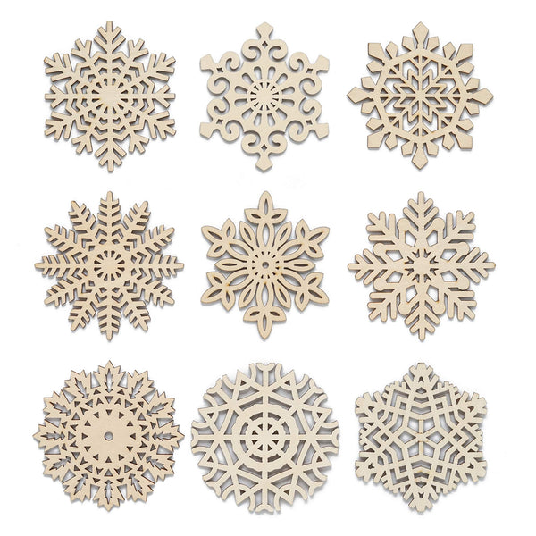 Unfinished Wooden Snowflakes, 27-Piece Snowflake Shaped Hanging Ornaments with Rope, DIY Christmas Decorations, 9 Designs