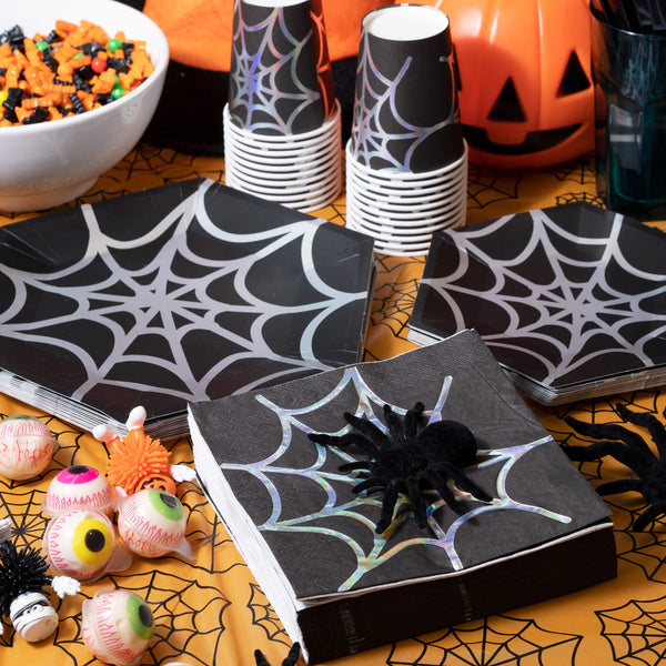 MATICAN Halloween Plates and Napkins Set, 122-Piece, Serves 24, Halloween Paper Plates, Napkins, and Cups, Spider Web Party Supplies
